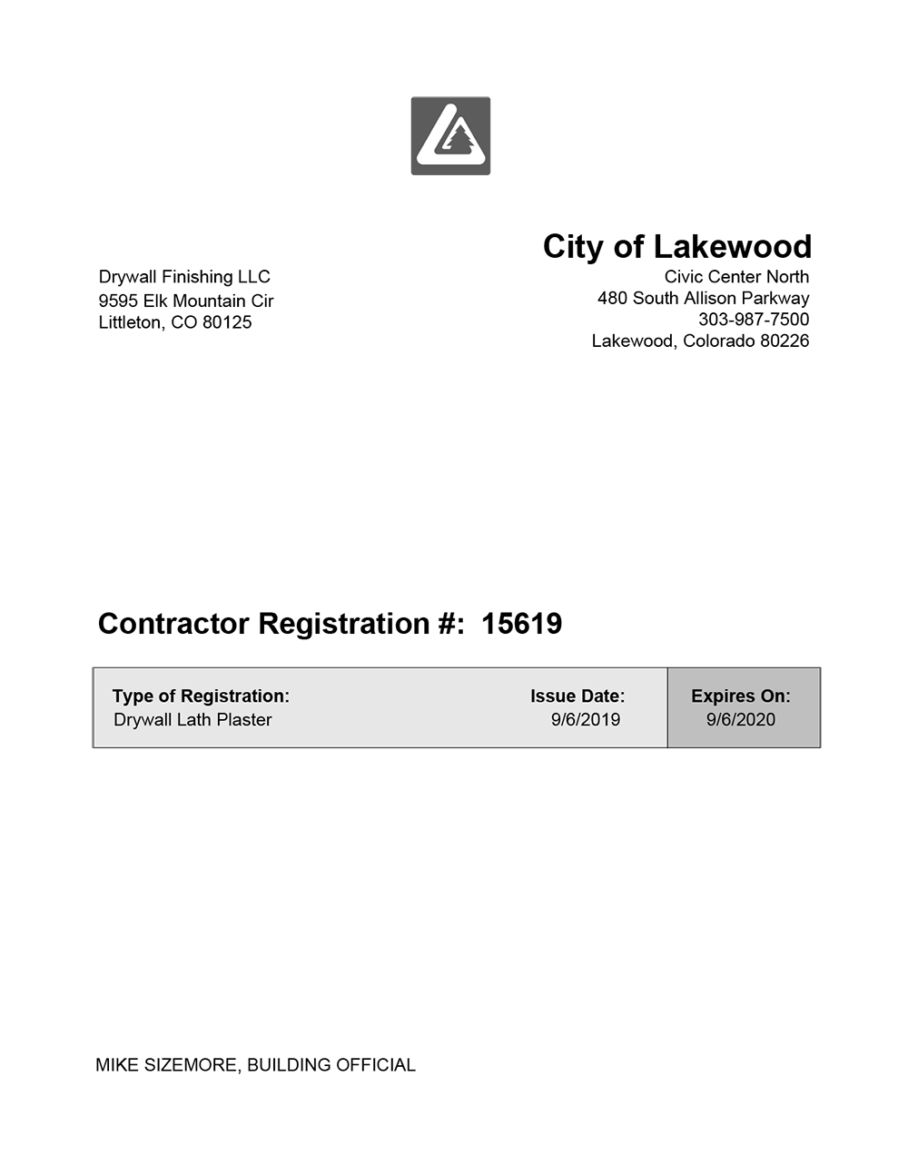 Drywall license Lakewood Colorado